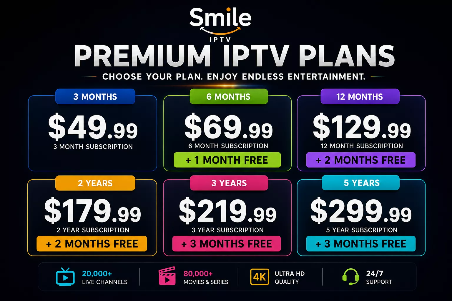 Smile IPTV premium subscription plans with 3 month, 6 month, 12 month, 2 year, 3 year and 5 year packages including free bonus months